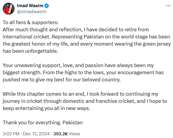  Imad Wasim retirement