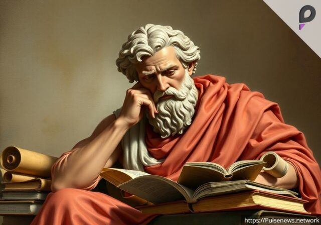 Aristotle, deep in thought, with scrolls and books around him.